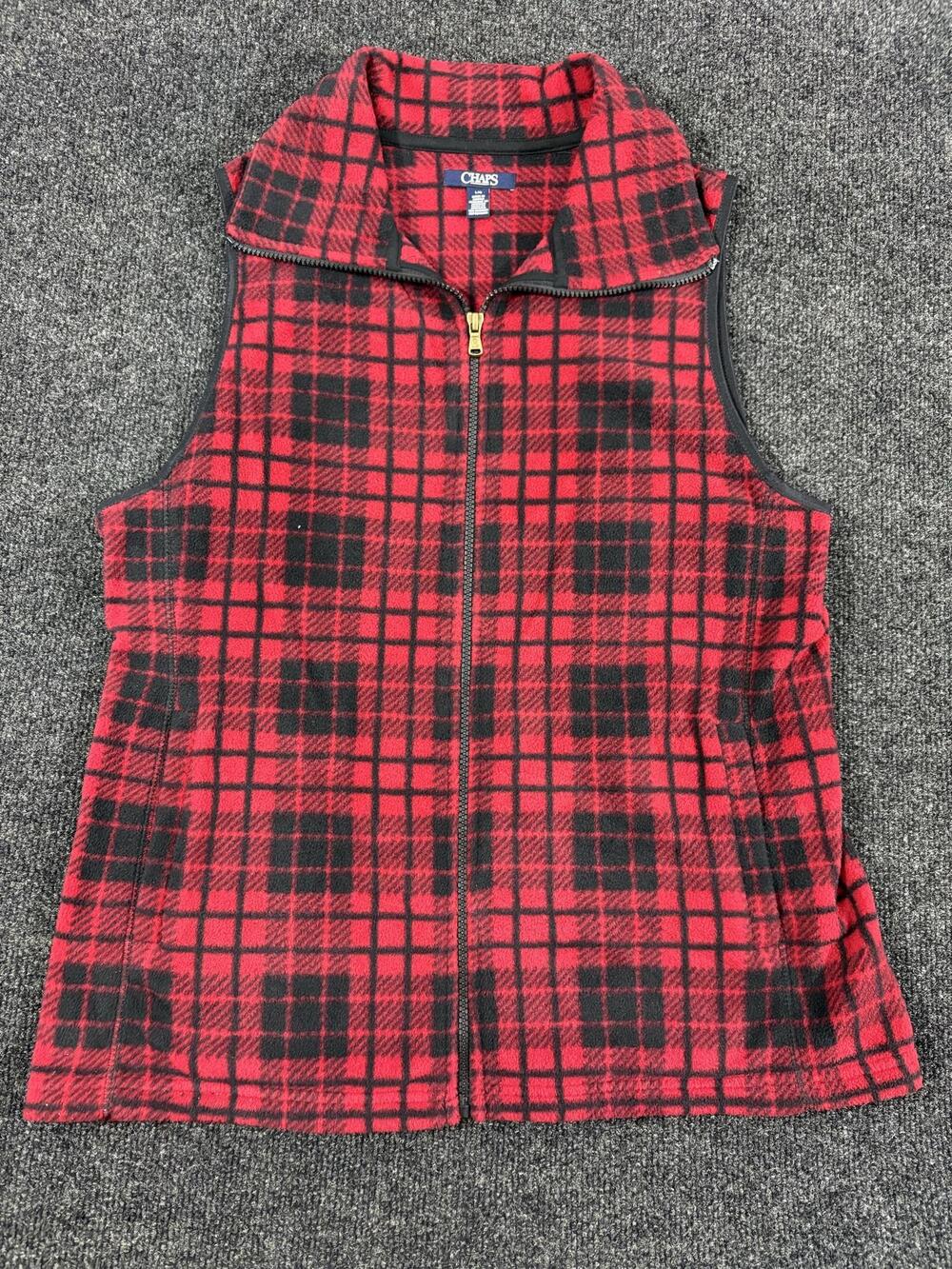 Chaps Vest Womens L Red Plaid Fleece Full Zip Collared Outdoor Pockets Casual